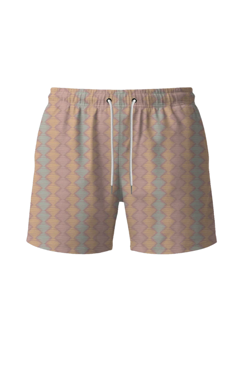 Short swimming trunks with a patterned fabric