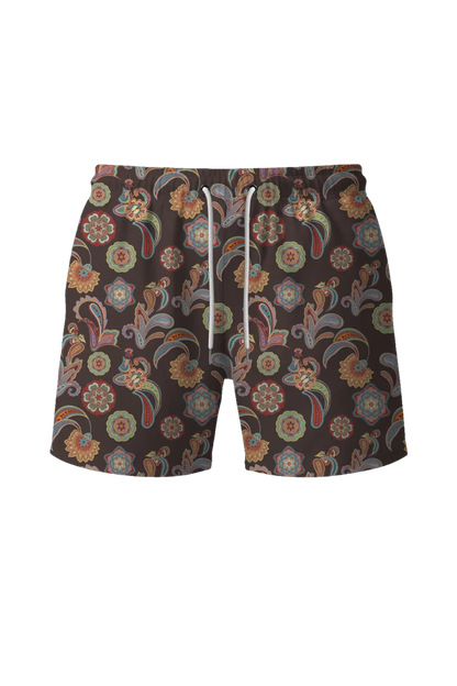 Short swimming trunks with a patterned fabric
