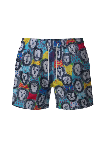 Short swimming trunks with a patterned fabric