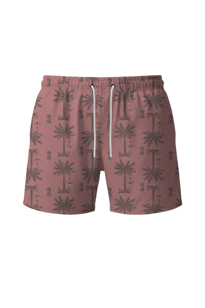Short swimming trunks with a patterned fabric
