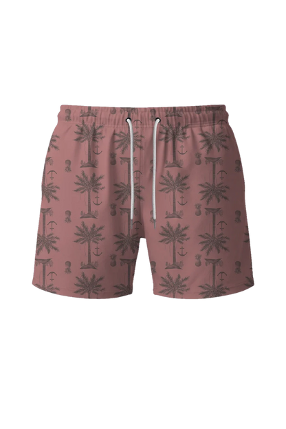 Short swimming trunks with a patterned fabric