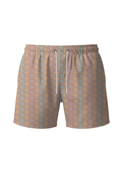 Short swimming trunks with a patterned fabric