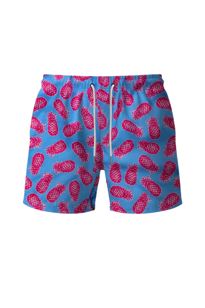 Short swimming trunks with a patterned fabric