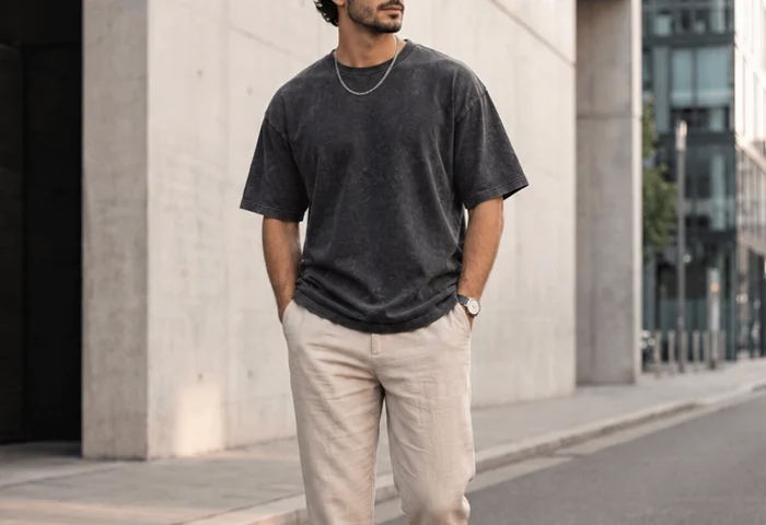 oversized acid wash t-shirt styled with relaxed pants and sneakers