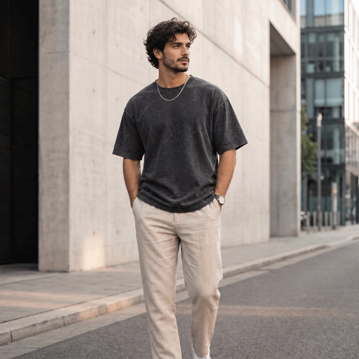 oversized acid wash t-shirt styled with relaxed pants and sneakers